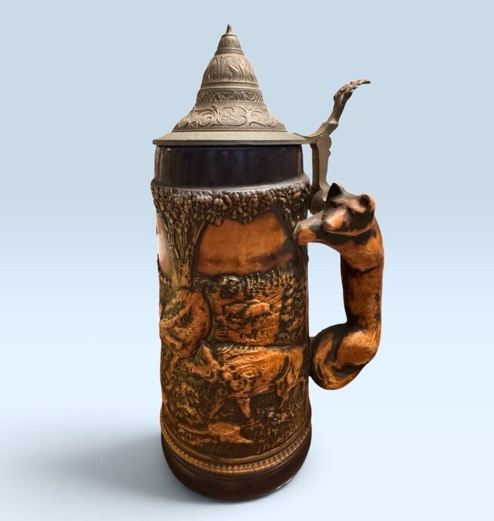Vintage Gerz W. Germany Fox Handle Lidded Beer Stein Boar Hunt 11” tall